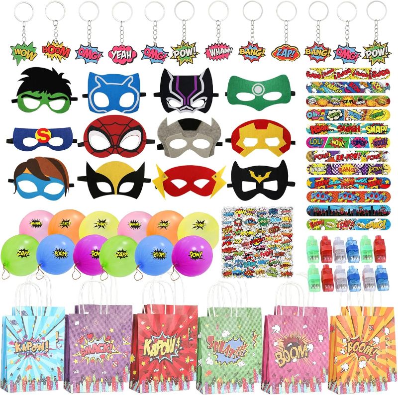 Photo 1 of APZ 122 Pcs Superhero Party Favors -Superhero Mask Slap Bracelets Keychains Stickers Punch Balloons Finger Lights and Gift Bags for Kids Hero Party Supplies Birthday Decorations