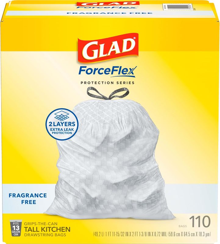 Photo 1 of Glad Trash Bags, ForceFlex Tall Kitchen Drawstring Garbage Bags, 13 Gal, Fragrance Free, 110 Ct, Package May Vary