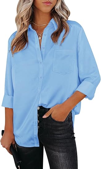 Photo 1 of Large Women's Button Down Shirts Dress Shirts Long Sleeve Collared Blouses V Neck Work Office Tunic Chiffon Tops