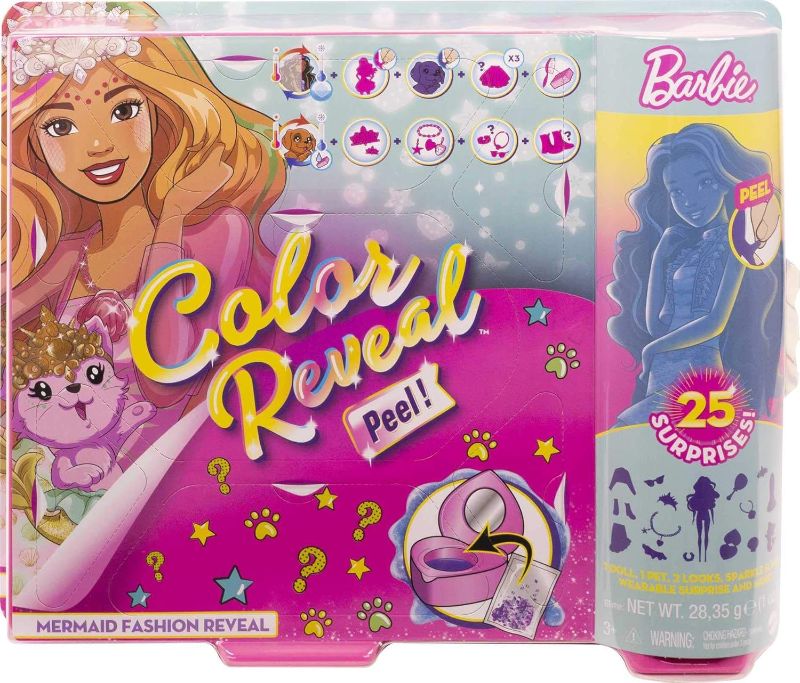 Photo 1 of Barbie Color Reveal Peel Mermaid Fashion Reveal Doll Set with 25 Surprises Including Purple Peel-able Doll & Pet & 16 Mystery Bags with Clothes & Accessories for 2 Mermaid-Inspired Looks