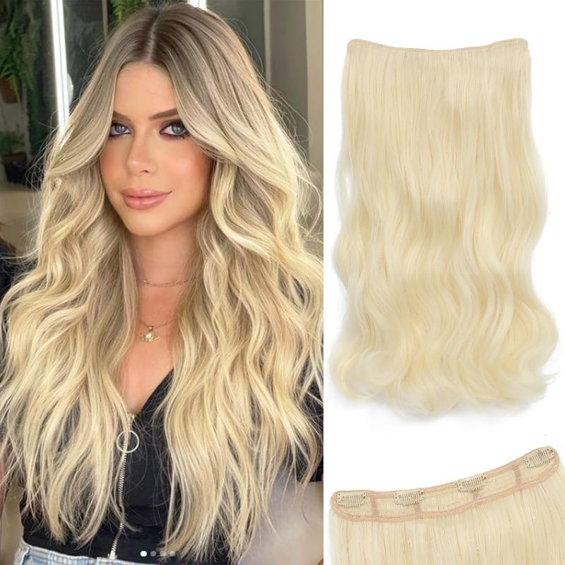 Photo 1 of Halo Blonde Hair Extensions 20 Inch Invisible No Wire Long Wavy Hair Extensions Adjustable Size Hairpiece 4 Clips in Hair Pieces extensions for Women