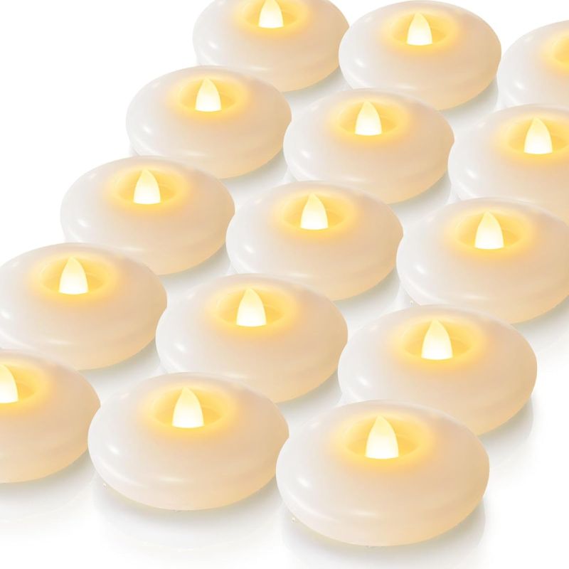 Photo 1 of Homemory 24 Pack 200 Hour Flameless Led Floating Candles, 3” Plastic Battery Operated Flickering Waterproof Tealights for Cylinder Vases, Centerpieces at Wedding, Party, Pool, Holiday (Warm White)