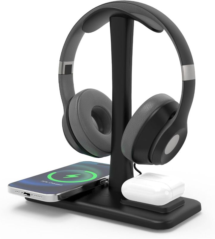 Photo 1 of 5 in 1 Headphone Stand with 15w Wireless Charger, Fast Wireless Charging Station Headset Holder for iPhone 15/14/13/12/11/XS/XR/X, Air Pods 3/2/Pro/2, Desk Gaming Headset Holder (Black)