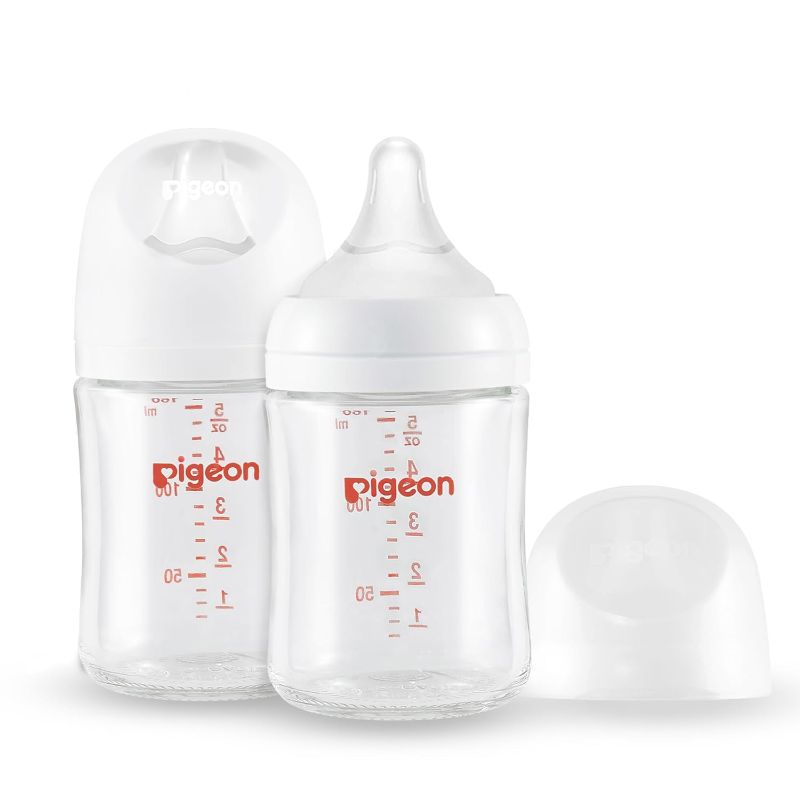 Photo 1 of Pigeon Glass Nursing Bottle Wide Neck, Streamlined Body, Natural Feel, Easy to Clean, Heat-Resistant, 5.4 Oz(Pack of 2), Includes 2pcs SS Nipples (0m+)