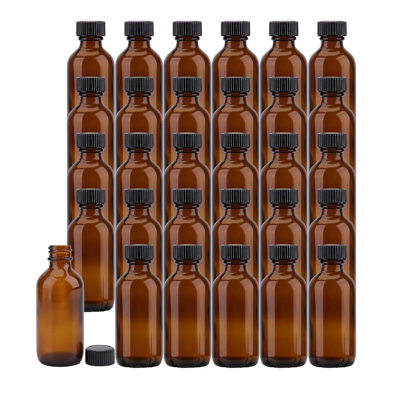 Photo 1 of Bekith 30 Pack 2 oz Boston Round Glass Bottle with Black Caps, Amber