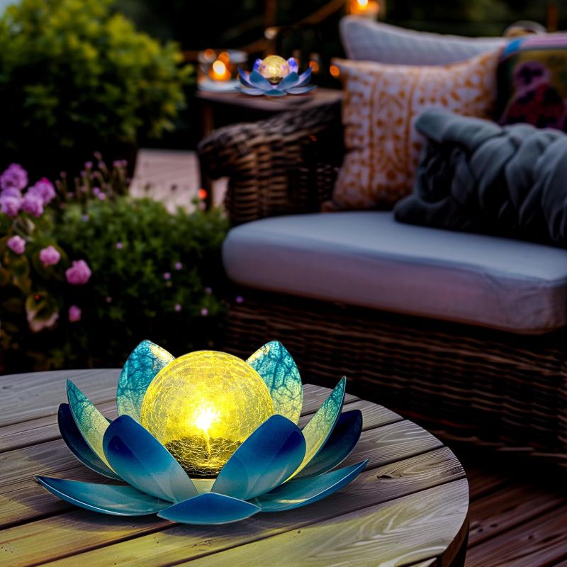 Photo 1 of GIGALUMI Solar Light Outdoor Garden Decor, Lotus Flower Light Crackle Globe Glass Lantern Outdoor Table Decor Waterproof for Patio, Lawn, Pathway, Pool, Pond, Christmas Gift (Blue Petal)