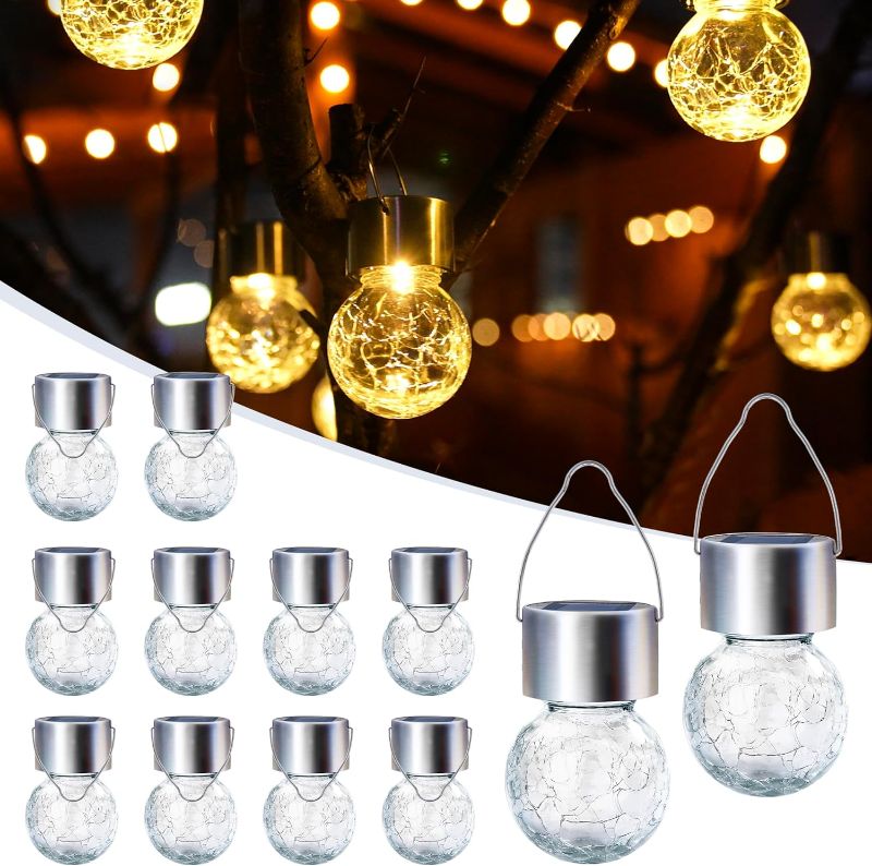 Photo 1 of GIGALUMI 12 Pack Solar Outdoor Lights, Solar Hanging Lights for Christmas Decoration-Cracked Glass Solar Lights Outdoor Waterproof for Garden, Yard, Fence, Tree(Warm White)