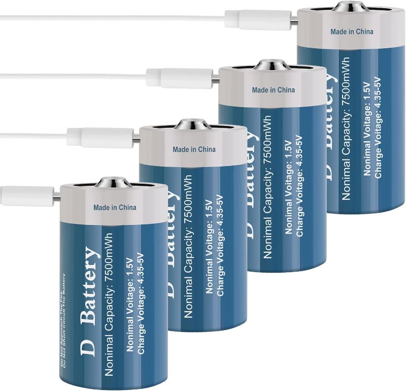 Photo 1 of 4 Pack Rechargeable Lithium D Cell Batteries 7500mWh, Long-Lasting 1.5V D Size Battery with USB Charging Cable