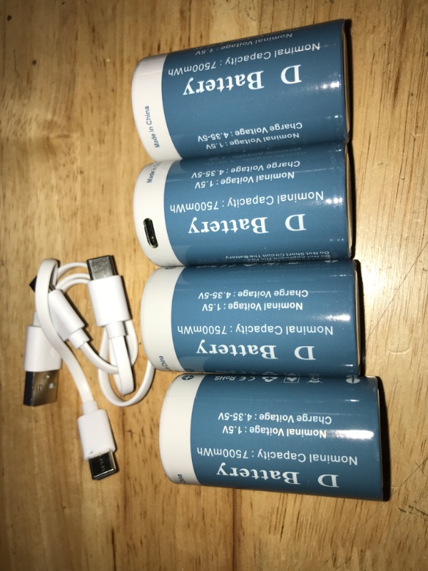 Photo 2 of 4 Pack Rechargeable Lithium D Cell Batteries 7500mWh, Long-Lasting 1.5V D Size Battery with USB Charging Cable