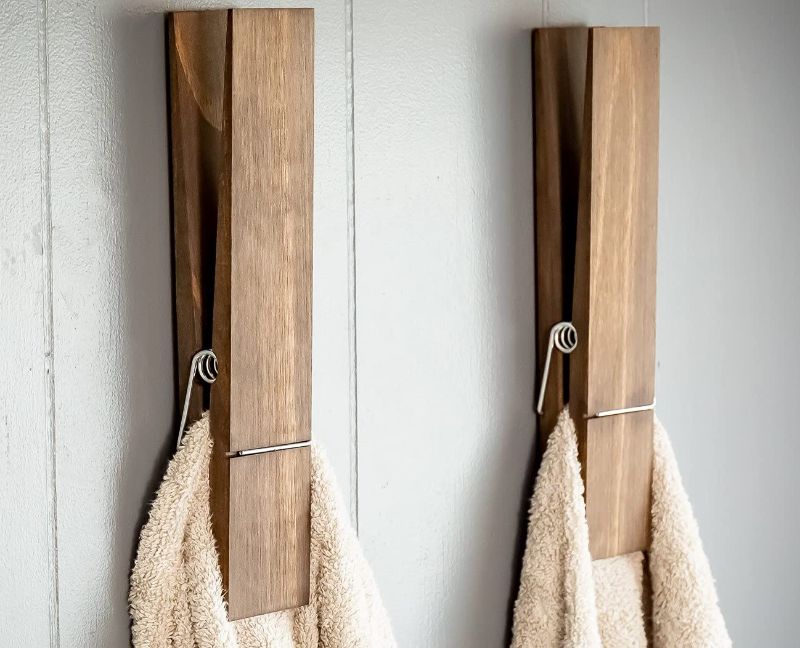 Photo 1 of Giant Clothespin Bathroom Towel Holder | Huge 12” Clothes pin | Farmhouse bathroom décor | Laundry room or nursery décor | Towel Rack or Hook | Bathroom Accessories wall décor (2 Jacobean)