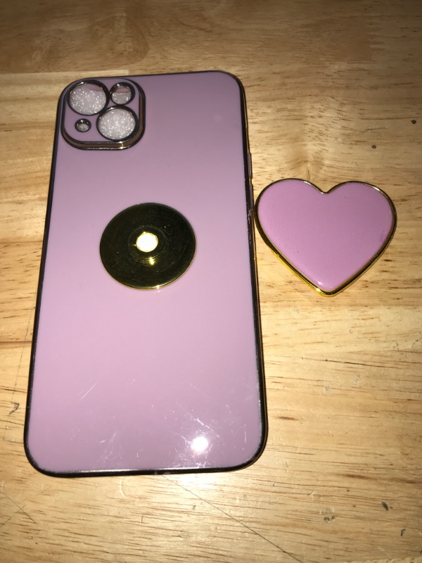 Photo 2 of Cute Case for iPhone 13 6.1'', Purple Phone Case with Heart Holder Stand Kickstand Soft TPU Shockproof Protective Cover, Luxury Plating Bumper Case for Girls Women