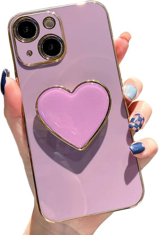 Photo 1 of Cute Case for iPhone 13 6.1'', Purple Phone Case with Heart Holder Stand Kickstand Soft TPU Shockproof Protective Cover, Luxury Plating Bumper Case for Girls Women