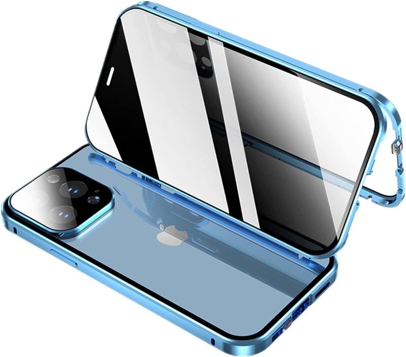 Photo 1 of Anti-spy Screen iPhone13 Pro max case Metal Frame Lock + Magnetic adsorption Anti-Peeping 360 Full Body Double-Sided Glass case Camera Lens Protector (iPhone13Promax, Light Blue)