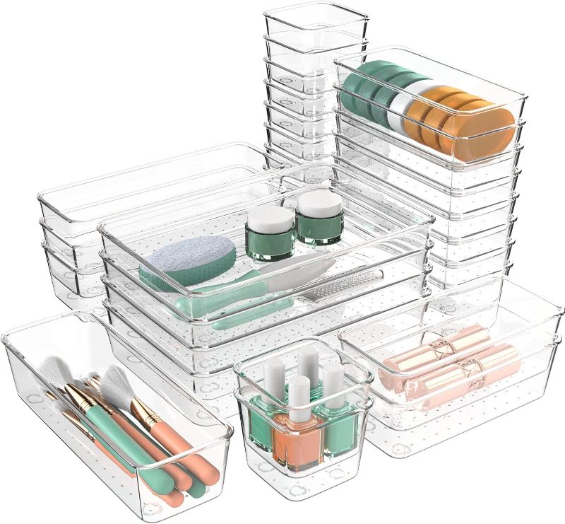 Photo 1 of 34 PCS Clear Plastic Drawer Organizers Set, 4 Sizes Clear Drawer Organizers & storage Bins for Makeup/Jewelry Vanity, Kitchen Gadgets Or Office Desk. Bathroom Drawer Organizer Trays With Non-Slip Pads