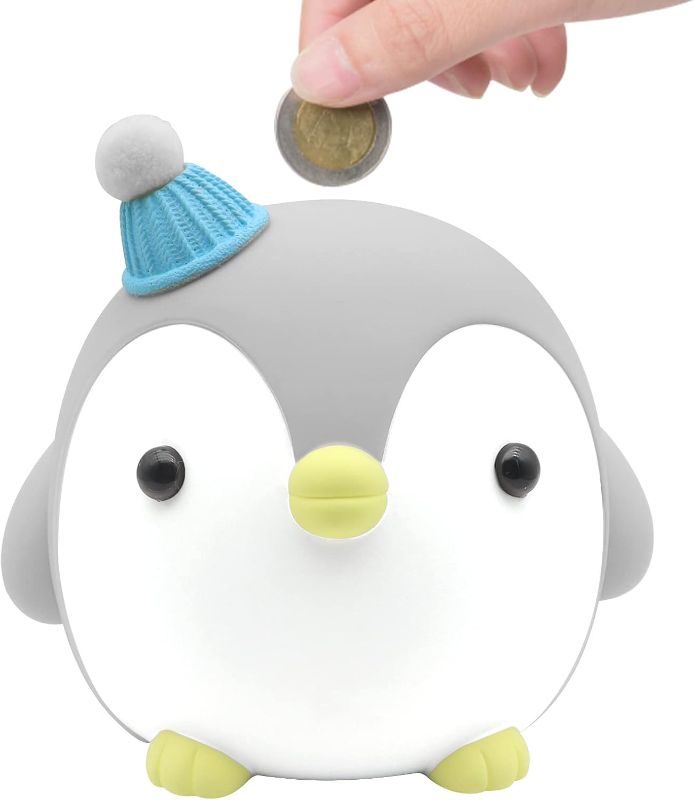 Photo 1 of Kids Piggy Bank, SAYTAY Cute Cartoon Penguin Anti-Fall Coin Bank, for Children Gift Or As Home Decoration (Gray)