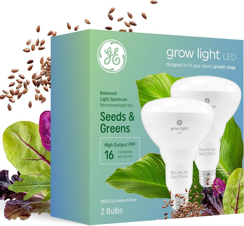 Photo 1 of GE Grow Lights for Indoor Plants, BR30 Indoor Floodlight, LED Light Bulbs for Seeds and Greens with Balanced Spectrum, 25,000 Hours Lifespan, 16 PPF, 2 Pack (Packaging May Vary)