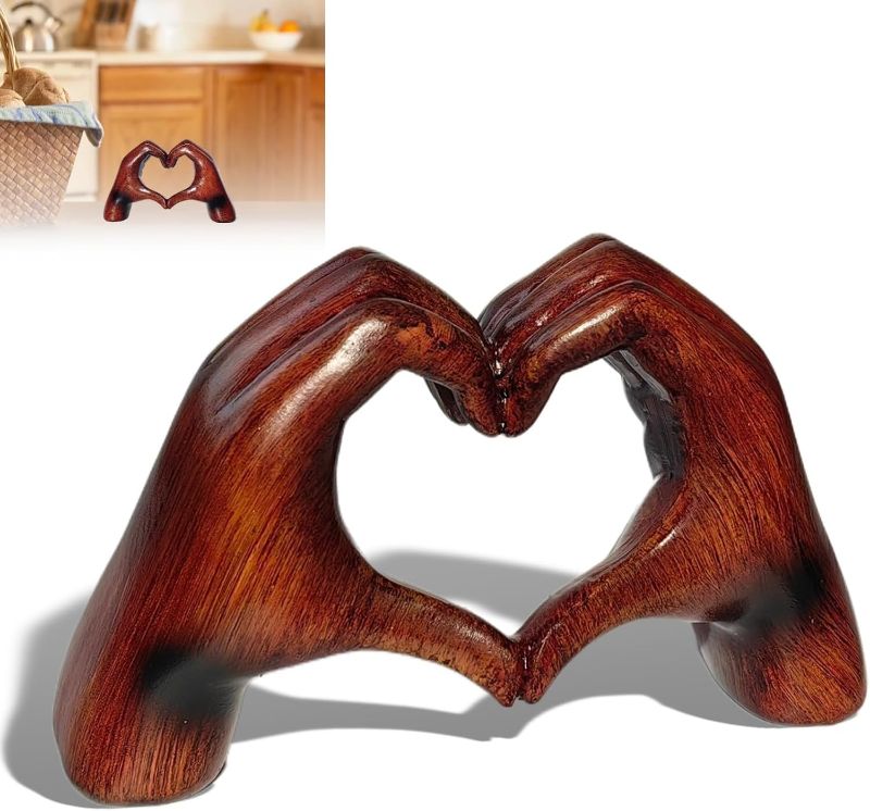 Photo 1 of Heart Shaped Statue, Love Hand Statue, Wood Grain Decorated Heart, Resin Heart Hands Brown Decor for Wedding Room Decor, Living Room, Bedroom