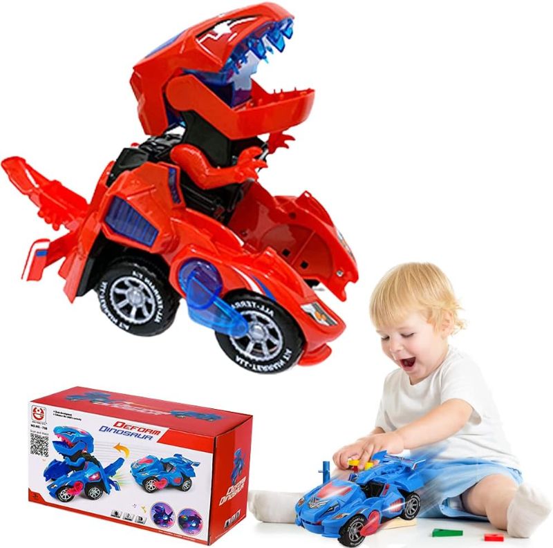 Photo 1 of Dinosaur Transformation Car Toy, 2 in 1 Transforming Dinosaur Car Toys with LED Light and Music, Automatic Deformation Dino Race Car Rotate Dinosaur Transform Racing Cars for Kids Gifts (Red)