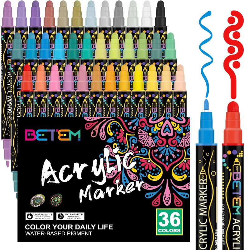 Photo 1 of Betem 36 Colors Dual Tip Acrylic Paint Pens Markers, Premium Acrylic Paint Pens for Wood, Canvas, Stone, Rock Painting, Glass, Ceramic Surfaces, DIY Crafts Making Art Supplies