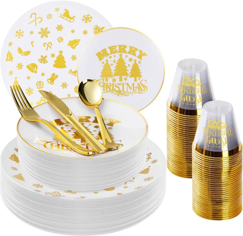 Photo 1 of Goodluck 150PCS Christmas Plates Disposable for 25 Guests, Gold Christmas Party Plates, Plastic Christmas Dinnerware Set of 25 Dinner Plates, 25 Dessert Plates, 25 Spoons, 25 Forks, 25 Knives, 25 Cups 25 Guests Gold (Christmas)