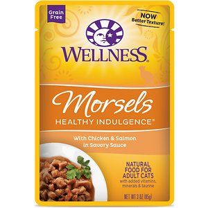 Photo 1 of exp date 07/2024  Wellness Healthy Indulgence Natural Grain Free Wet Cat Food Morsels Chicken & Salmon 3-Ounce Pouch (Pack of 24)

