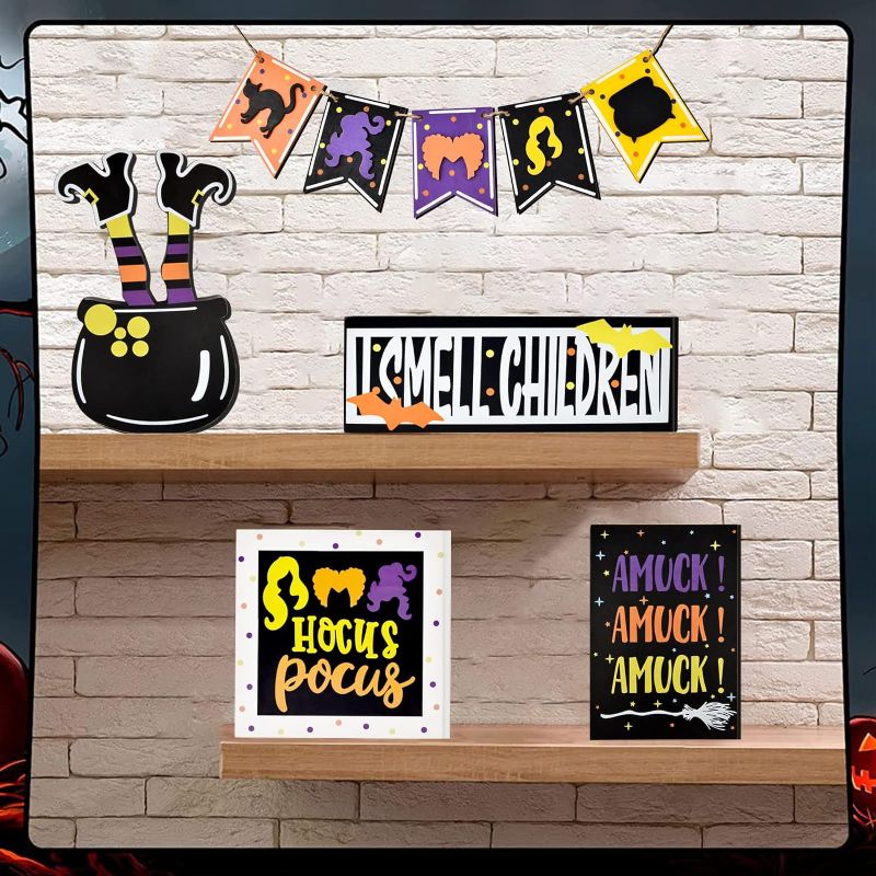 Photo 2 of Hocus Pocus Tiered Tray Decor - Halloween Hocus Pocus decorations - I Smell Children Amuck Witch Cauldron Banner Wooden Signs - Farmhouse Rustic Tiered Tray Decor for Home Table Party Supplies