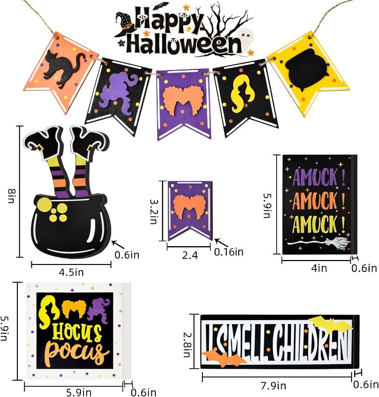 Photo 1 of Hocus Pocus Tiered Tray Decor - Halloween Hocus Pocus decorations - I Smell Children Amuck Witch Cauldron Banner Wooden Signs - Farmhouse Rustic Tiered Tray Decor for Home Table Party Supplies
