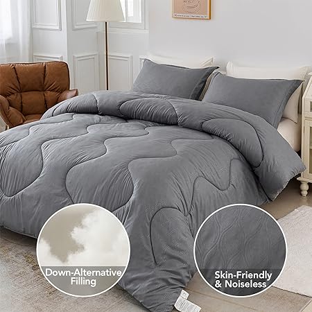 Photo 1 of PY HOME & SPORTS Queen Size Comforter Set 3 Pieces, Down Alternative Lightweight Bedding Comforter with 2 Pillow Shams for All Seasons (Grey, 90 x 90 Inch)
