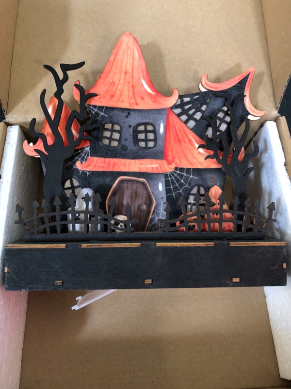 Photo 2 of Halloween Lighted Castle Table Decor, Wooden Halloween Decorations Indoor, Cute Battery Operated Pumpkins Tomb Halloween Lights for Home Living Room Bedroom Office Desk, Halloween Table Decorations