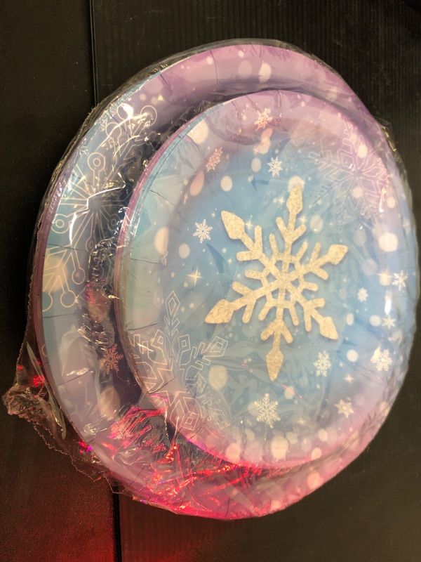 Photo 2 of 48 Pack Winter Snowflake Plates, Frozen Themed Round Paper Plates Serve 24 Guests, Wonderland Snowflakes Heavy Duty Plates for Winter Christmas Party Decorations and Frozen Birthday Party Supplies