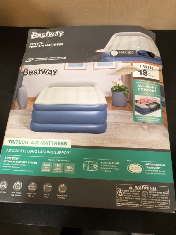 Photo 2 of Bestway Tritech Air Mattress Twin 18 in. with Built-in AC Pump and Antimicrobial Coating
