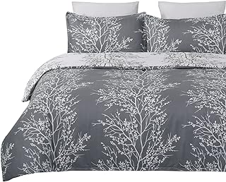Photo 1 of Vaulia Soft Microfiber Flowers Bed Sheet, Branches Floral Theme, TWIN Size Gray and White Color Reversible Design 3-Piece Set 