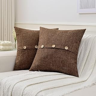 Photo 1 of Ikuoic Brown Linen Decorative Throw Pillow Covers 24x24 Inch Set of 2, Euro Square Cushion Case with 3 Vintage Buttons/Hidden Zipper,Modern Farmhouse Home Decor for Couch,Bed
