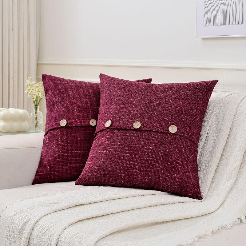 Photo 1 of Ikuoic Burgundy Linen Decorative Throw Pillow Covers 26x26 Inch Set of 2, Square Euro Pillow Shams with 3 Vintage Buttons/Hidden Zipper,Modern Farmhouse Home Decor for Couch,Bed
