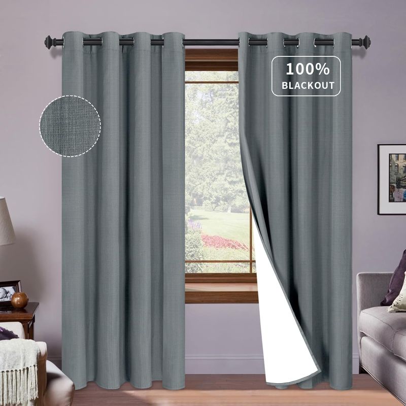 Photo 1 of 52x96in PureFit Linen 100% Blackout Curtains 96 Inches Long Room Darkening Window Thermal Insulated Curtain Drapes for Living Room Nursery with Anti-Rust Grommets & Energy Saving Liner, Dark Grey, 2 Panels
