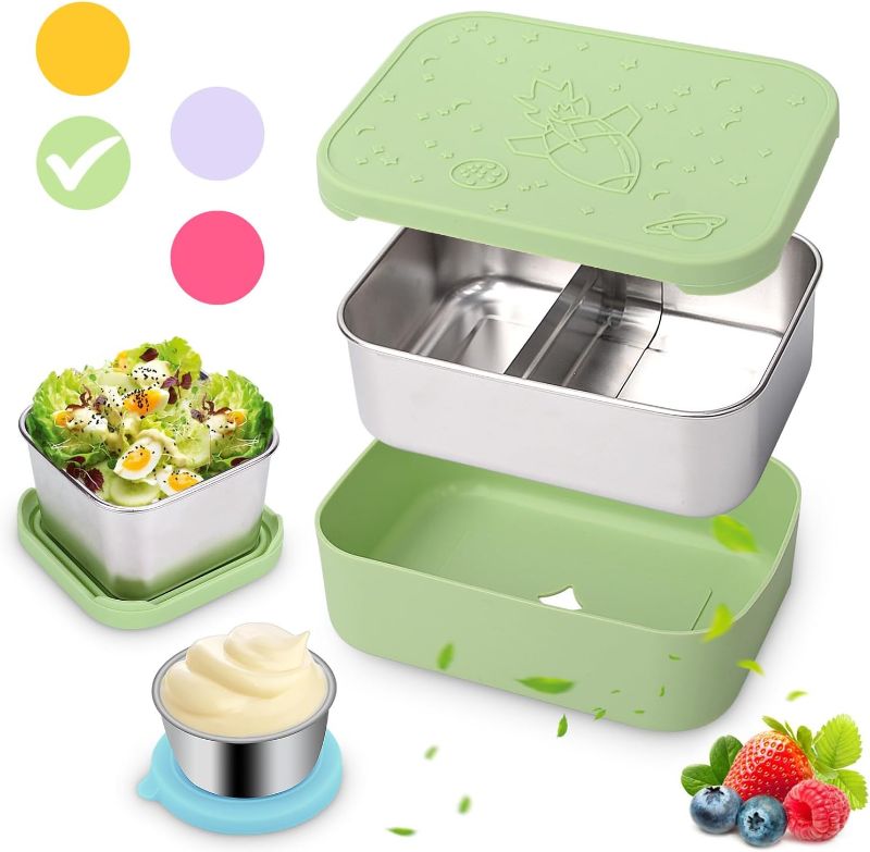 Photo 1 of 3Pack Stainless Steel Bento Lunch Box Set, 28.7OZ Leak Proof Lunch Boxes Divided Food Storage Meal Prep Container with Silicone Lid and Protective Sleeve,with Sauce Cup and Snack Containers Set-Green
