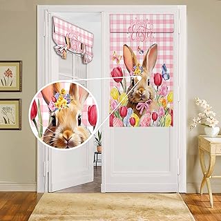 Photo 1 of BEMIGO Door Curtains for Door Windows, Easter Cute Bunny Door Window Curtains for French Glass Door, Privacy Thermal Insulated Tie Up Door Shades, Pink Buffalo Plaid Small Window Curtains 26"x42" https://a.co/d/hgnc7ka