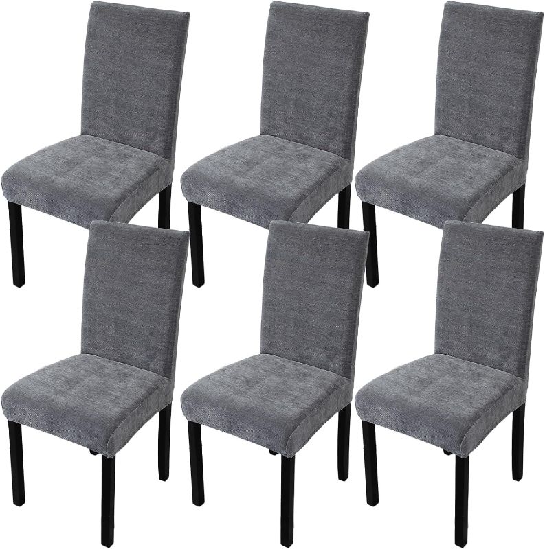 Photo 1 of WEYOND Chair Covers for Dining Room Set of 6 Large Stretch Dining Room Chair Covers, Parsons Chair Slipcover Furniture Protector with Chenille Yarn for Living Room 6 Pack (Dark Grey)
