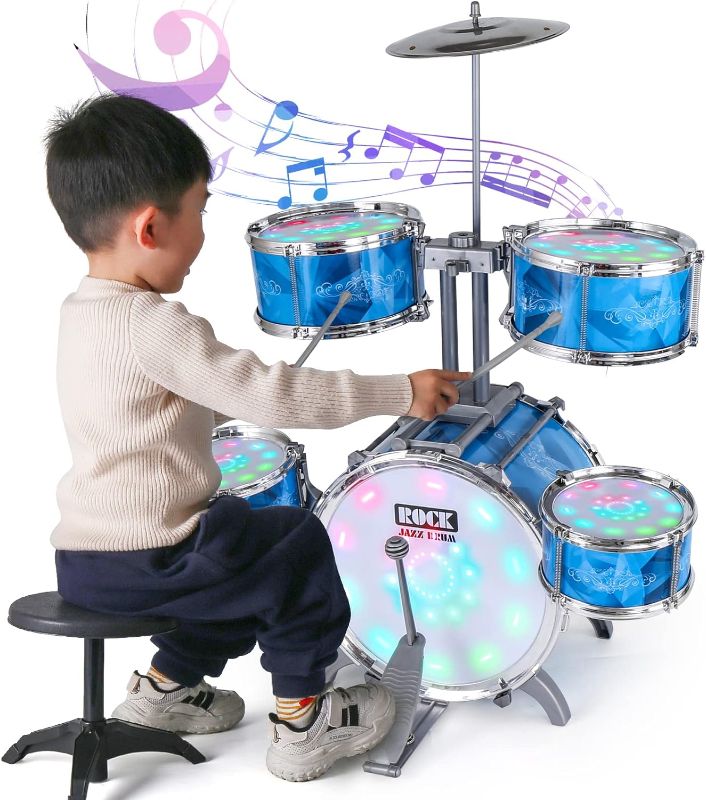 Photo 1 of Kids Drum Set for Toddlers with 5 High Drums & Lights (Vibrating-Controlled) & Alloy, Drum Kit Musical Instruments Toys Boys Jazz Drum for Aged 1-3 3-5