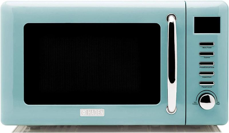 Photo 1 of Haden 700 Watt Retro Countertop Microwave Oven with Turntable, Pull Handle, and 5 Power Levels, 0.7 Cubic Foot, 20 Liter Capacity, Turquoise
