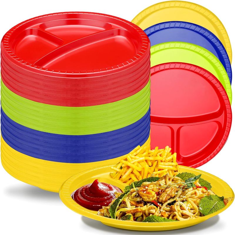 Photo 1 of Umigy 100 Pcs 10 Inch 3 Compartments Divided Plastic Plates Bulk, Colorful Disposable Plates Heavy Duty Round Dinner Plates for Valentine's Day Wedding Birthday Party Dinnerware(Multicolor