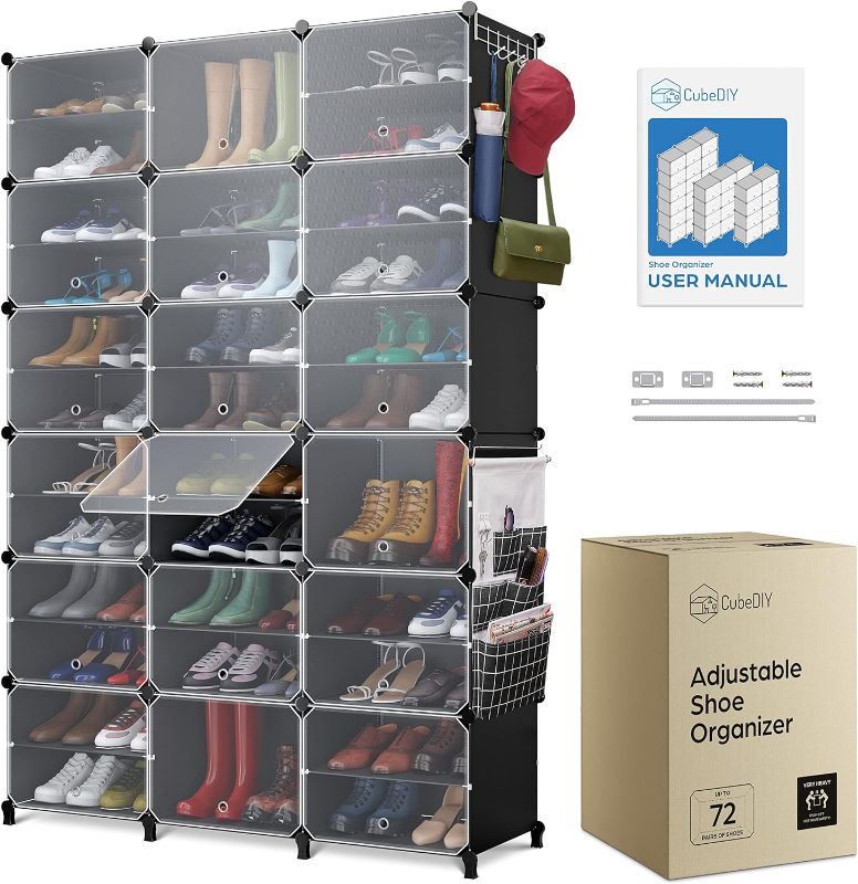 Photo 1 of CUBEDIY Shoe Organizer Cabinet Up to 72 Pairs, Shoe Closet-Portable Closed Shoe Rack with See-Through Door (Clear, Plastic, Stackable) Cubby Shoes Organizer with Covers, Hooks & Pockets, Black Up to 72 Pairs Black