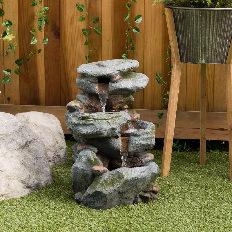 Photo 1 of Alpine Corporation WIN582 Outdoor Floor 3-Tiered Rock Waterfall Fountain with LED Lights and Natural Stone Look, 22", Gray