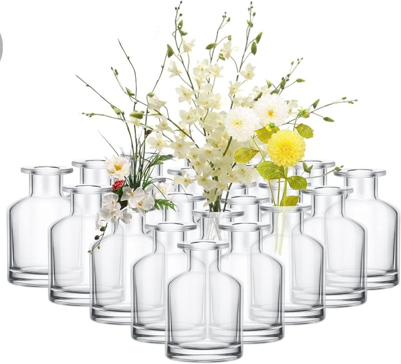 Photo 1 of 24 Pack Glass Living Bud Vases Bulk Flower Small Vase Clear Vase, Glass Jar Vases Centerpiece Table Home Glass Decoration for Rustic Wedding Reception (2 x 2.8 in)
