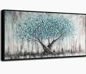 Photo 1 of Arjun Blue Tree Wall Art Nature Tree of Life Abstract Canvas Painting Textured Picture Panoramic Landscape Artwork for Living Room Bedroom Bathroom Office Home Decor, Black Wood Framed Large 40"x20" 40"x20"(black framed) Wall Art Style 3