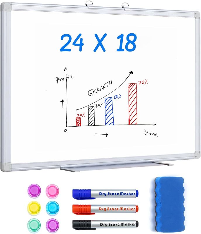 Photo 1 of maxtek Magnetic White Board 24 x 18 Dry Erase Board Wall Hanging Whiteboard with 3 Dry Erase Pens, 1 Dry Eraser, 6 Magnets, 2' x 1.5' Message Scoreboard for School Home Office