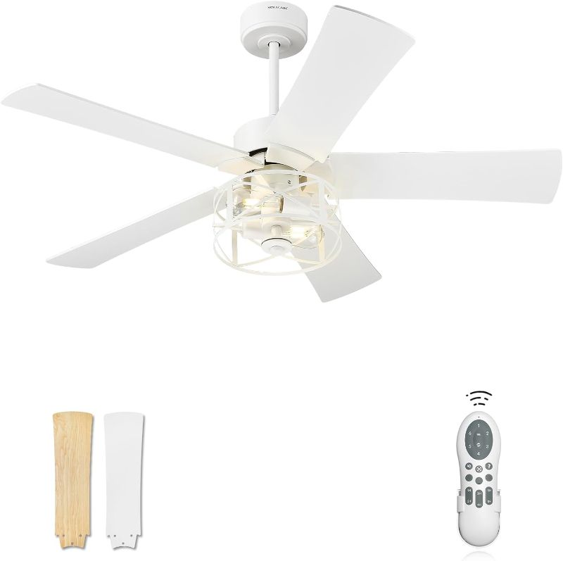 Photo 1 of YOUKAIN Ceiling Fans With Lights, 48 Inch Farmhouse Ceiling Fans with Lights and Remote, 5-Reversible, White Finish, outdoor ceiling fan for Indoor/Outdoor Use, 48-YJ632-WHW