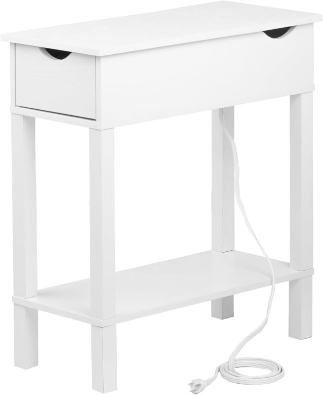 Photo 1 of Labcosi Modern Farmhouse Side Table, Narrow End Table with Charging Station, Large Flip Top End Table with Storage Shelf, White
