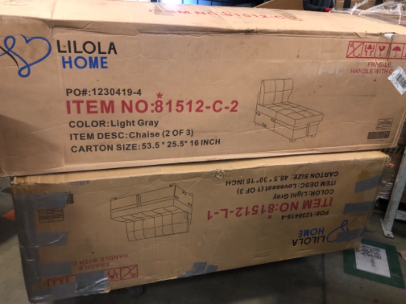Photo 1 of LILOLA HOME ITEM NO 81512-C-2 SECTIONAL  COMES WITH BOX 1 OF 3 AND 2 OF 3  -----MISSING BOX 3 OF 3