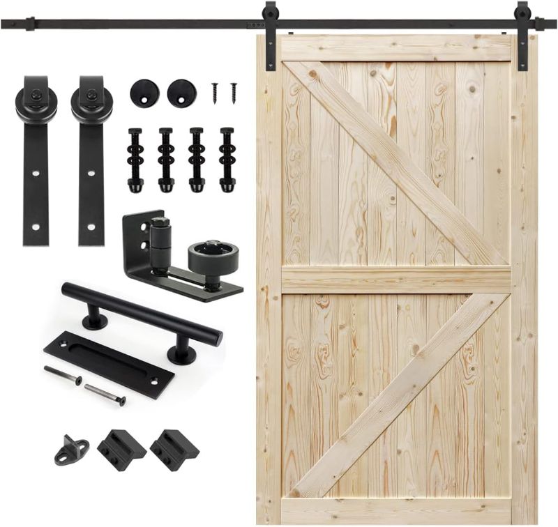 Photo 1 of S&Z TOPHAND 48 in x 96 in Unfinished British Brace Knotty Barn Door with 8FT Sliding Door Hardware Kit/Double Surfaces/Simple Assembly is Required
